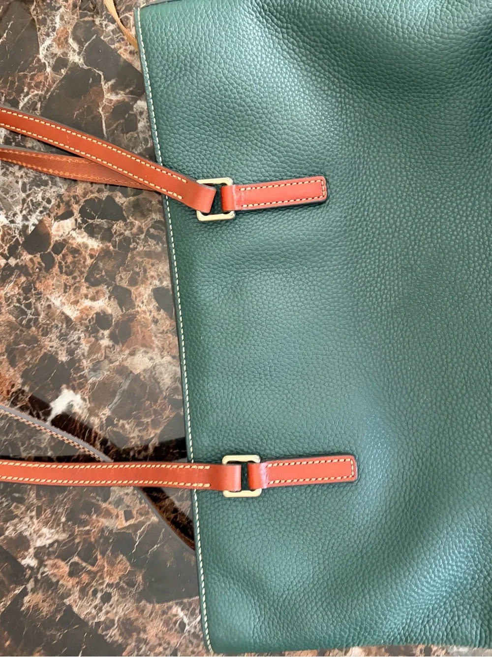Dooney & Bourke Forest Green Pebbled Leather Tote with Brown Trim